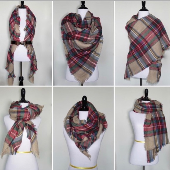 Plaid Blanket Wrap Scarf Tan White Blue Blk Yellow - Picture 7 of 7